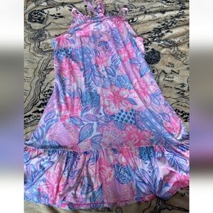 Lilly Pulitzer Size Small Saira Halter Dress Pink Floral Ruffles Blue Turtles